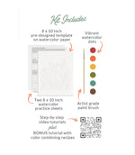 Product kit with pre-designed template, watercolor dots, paint brush, practice sheets, video tutorials, and color combining recipes on a white background.