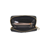 Black wallet with gold zipper on a white background