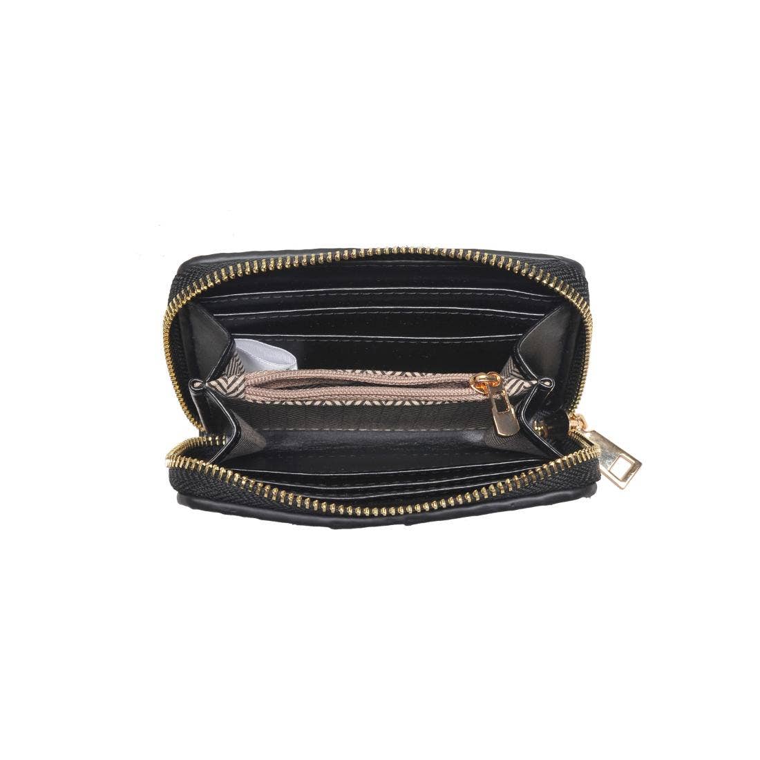 Black wallet with gold zipper on a white background