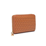 A tan woven leather zip-around wallet with a gold-tone zipper and padlock closure, shown on a plain white background.