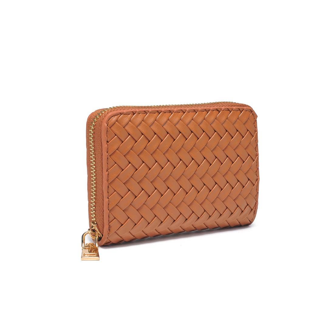 A tan woven leather zip-around wallet with a gold-tone zipper and padlock closure, shown on a plain white background.