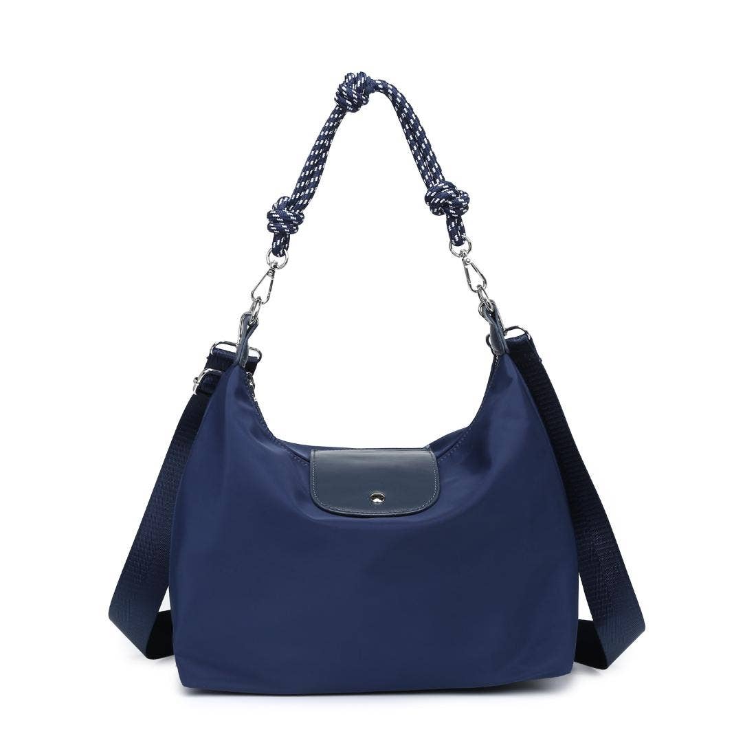 A navy blue nylon shoulder bag with a dark gray leather front flap, a knotted rope handle, and a detachable shoulder strap, shown on a plain white background.