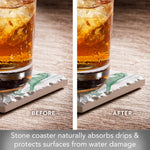Before and after comparison of a glass of iced drink on a stone coaster.
