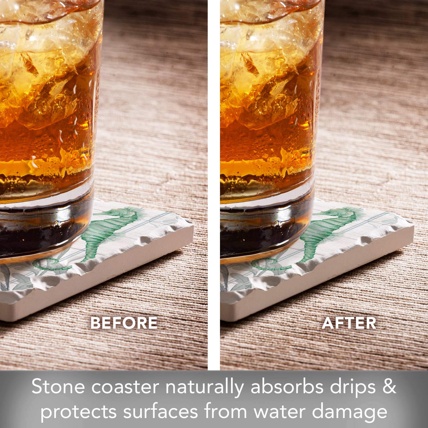 Before and after comparison of a glass of iced drink on a stone coaster.