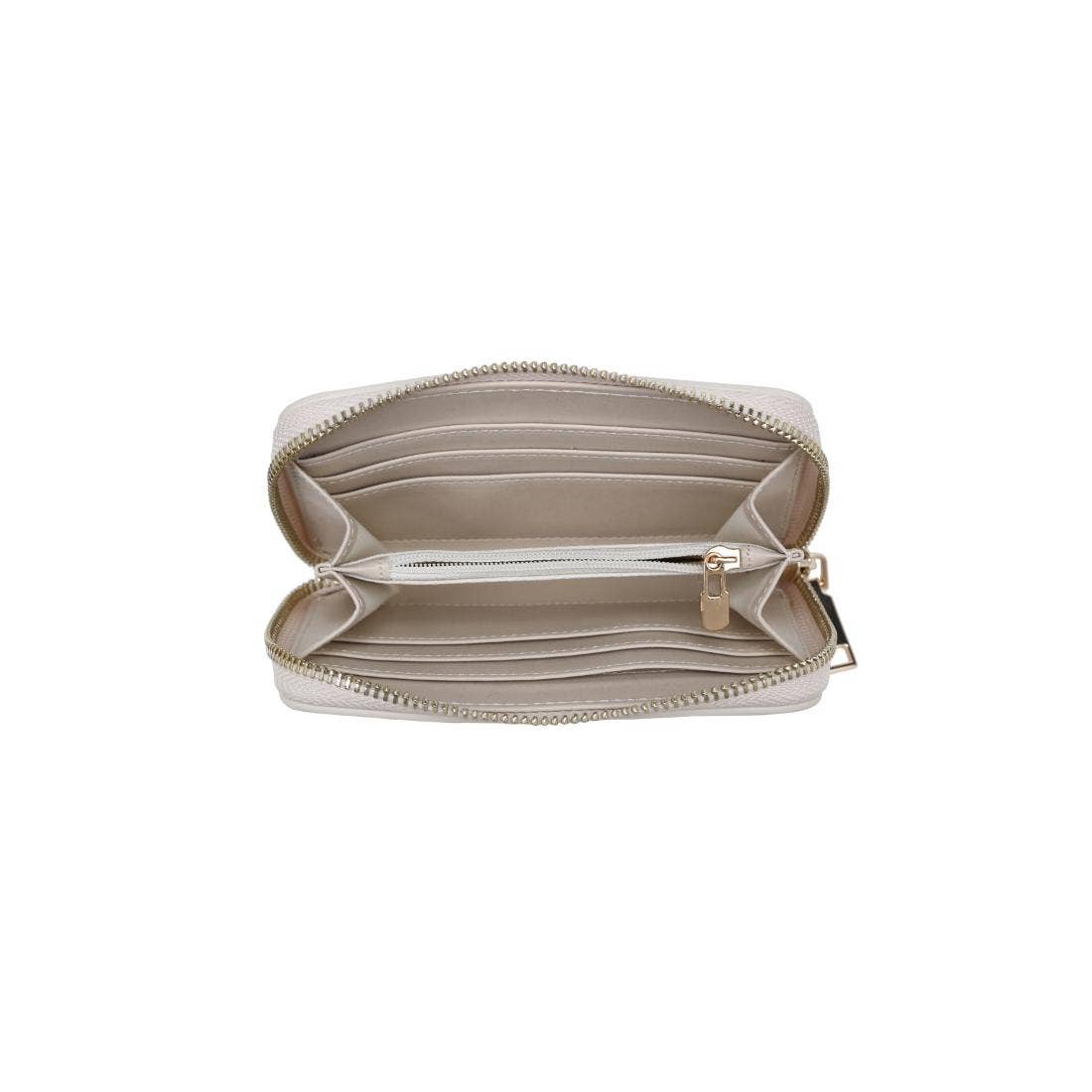 Open beige wallet with card slots on a white background
