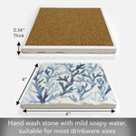 Two square drinkware pieces shown on a white background with dimension arrows and text. The top item is a plain tan cork-like square with a white rim and a 0.
