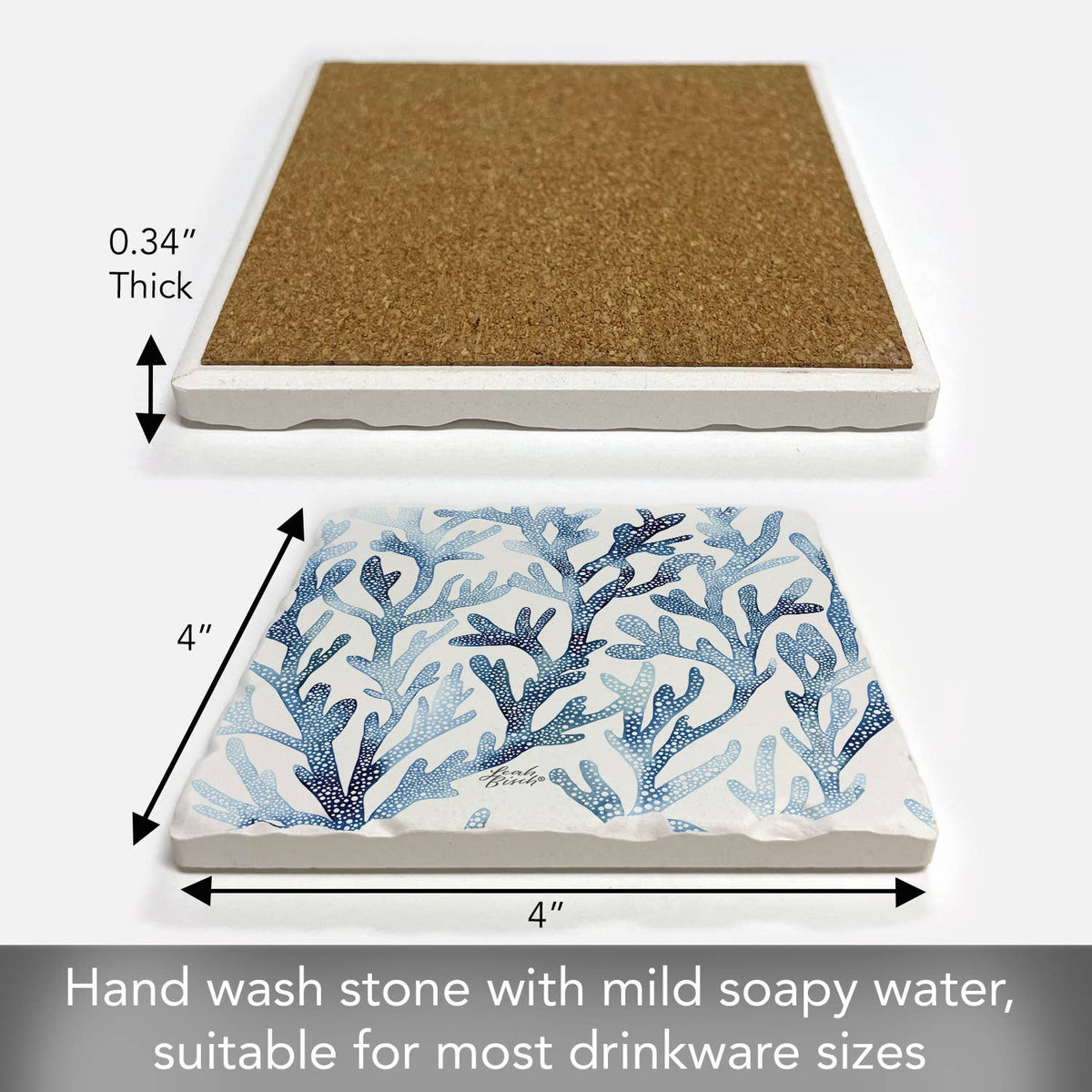 Two square drinkware pieces shown on a white background with dimension arrows and text. The top item is a plain tan cork-like square with a white rim and a 0.