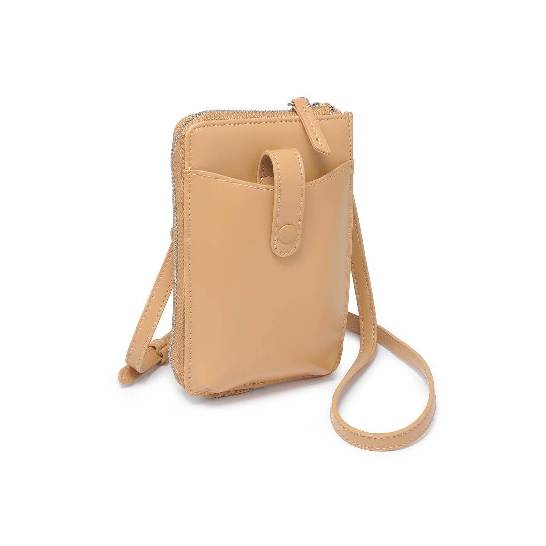 Beige crossbody bag on a white background