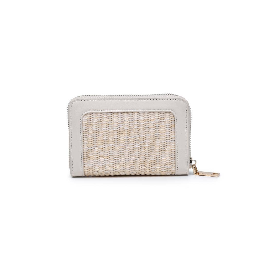White wallet with woven design on a white background