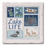 A square decorative tile coaster featuring a collage of rustic lake-themed illustrations