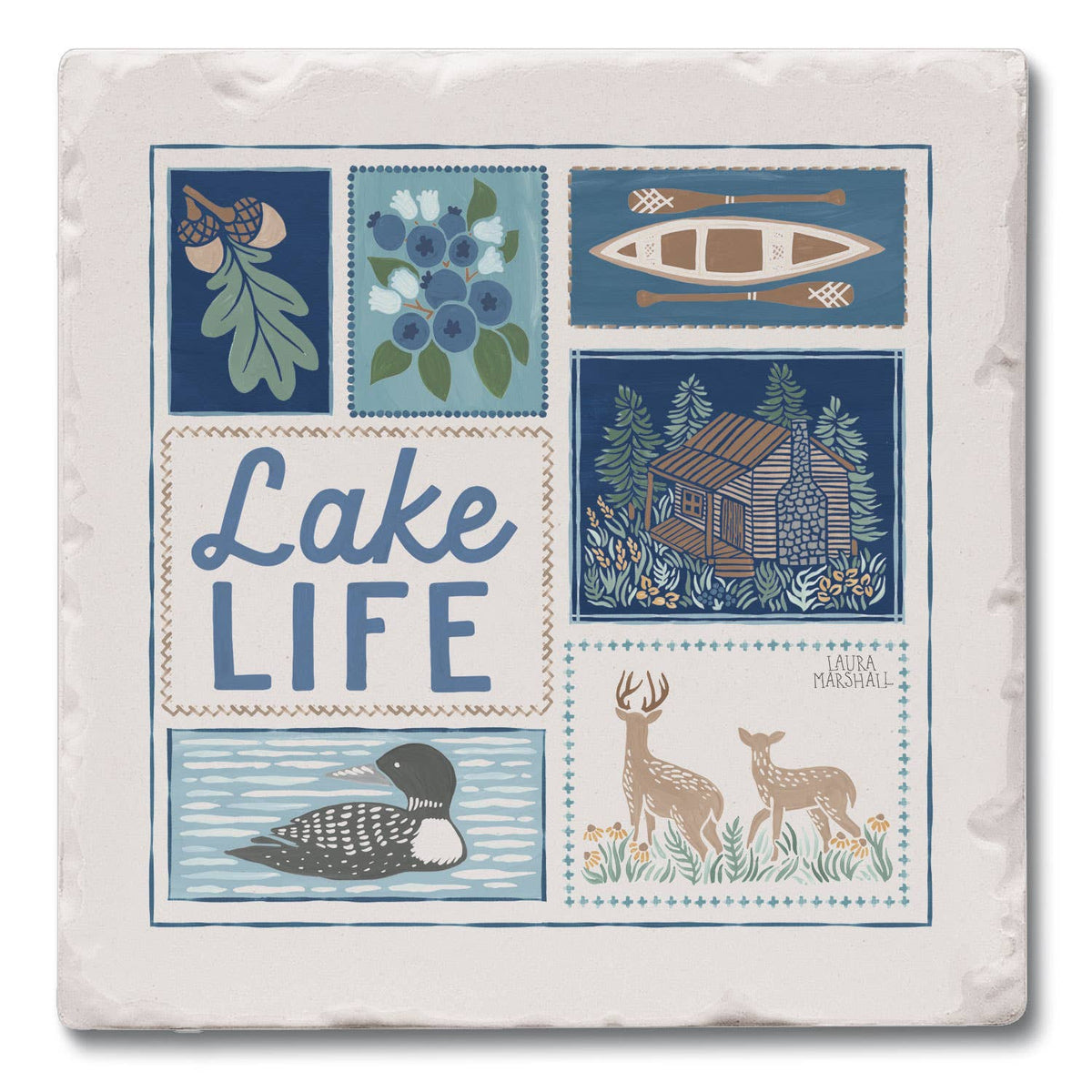 A square decorative tile coaster featuring a collage of rustic lake-themed illustrations