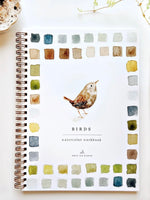Birds Watercolor Workbook front cover with watercolor bird and color palette border, spiral bound by Emily Lex