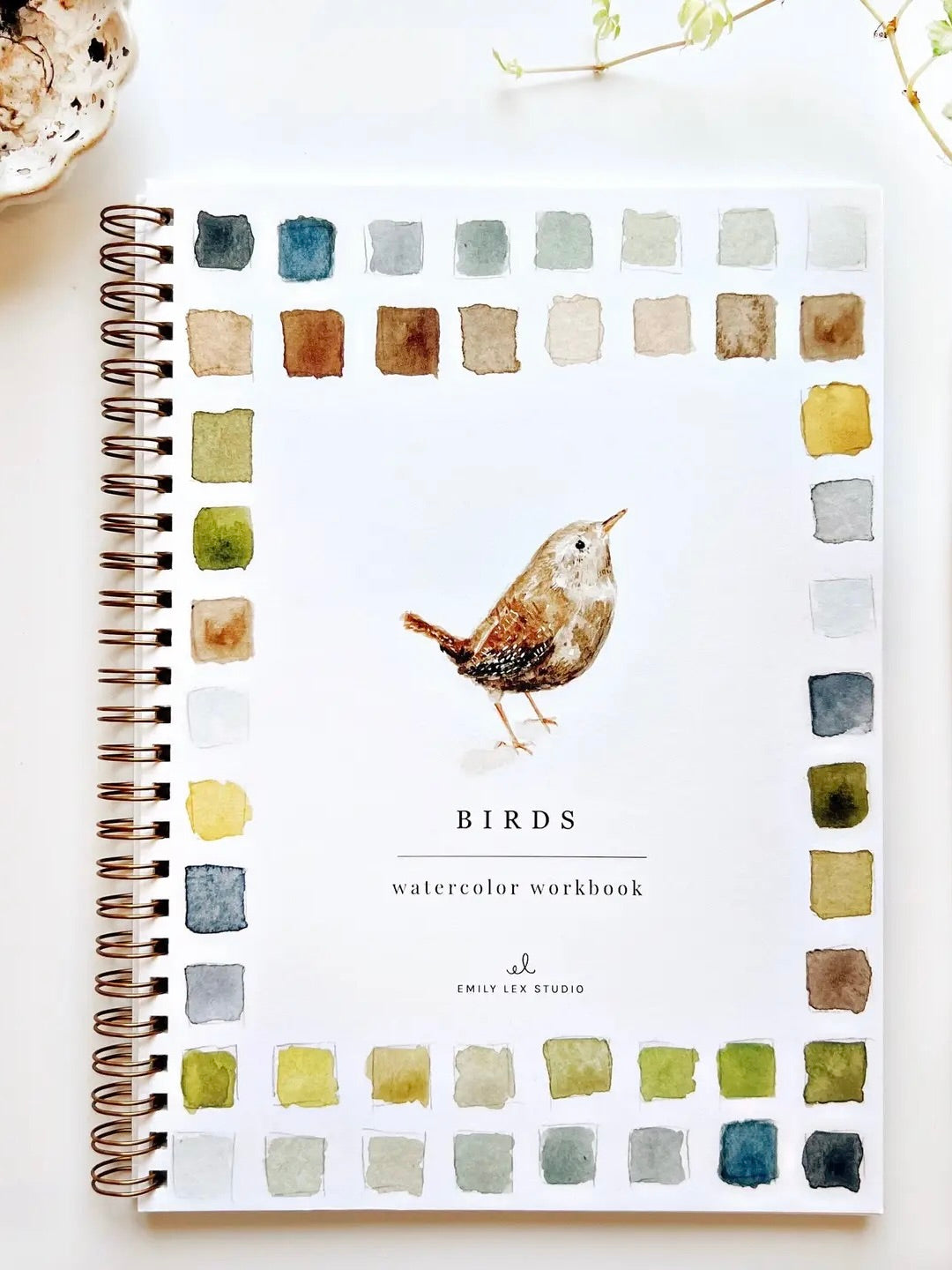 Birds Watercolor Workbook front cover with watercolor bird and color palette border, spiral bound by Emily Lex