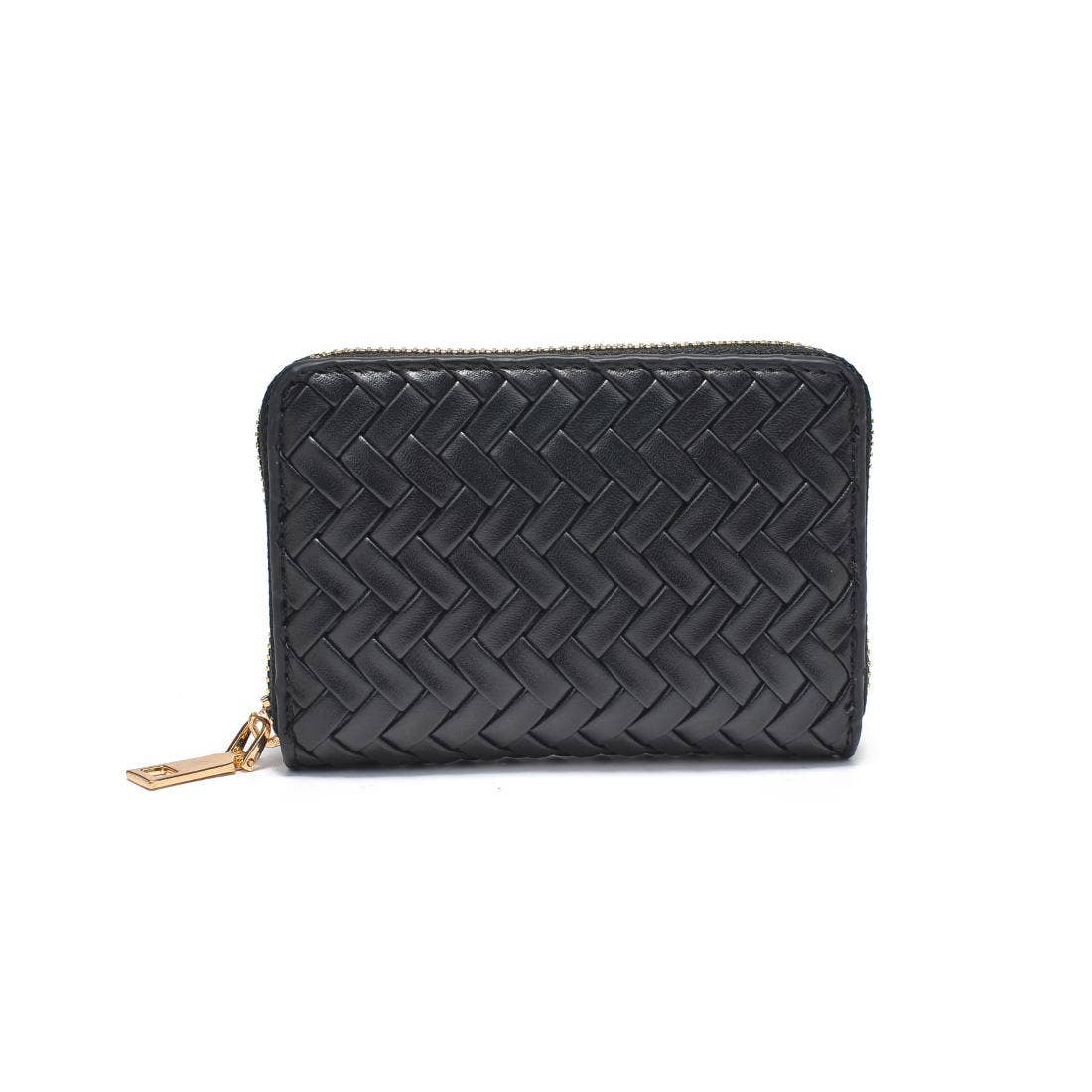 Black woven leather zip-around wallet with a gold-tone zipper pull, shown on a plain white background.