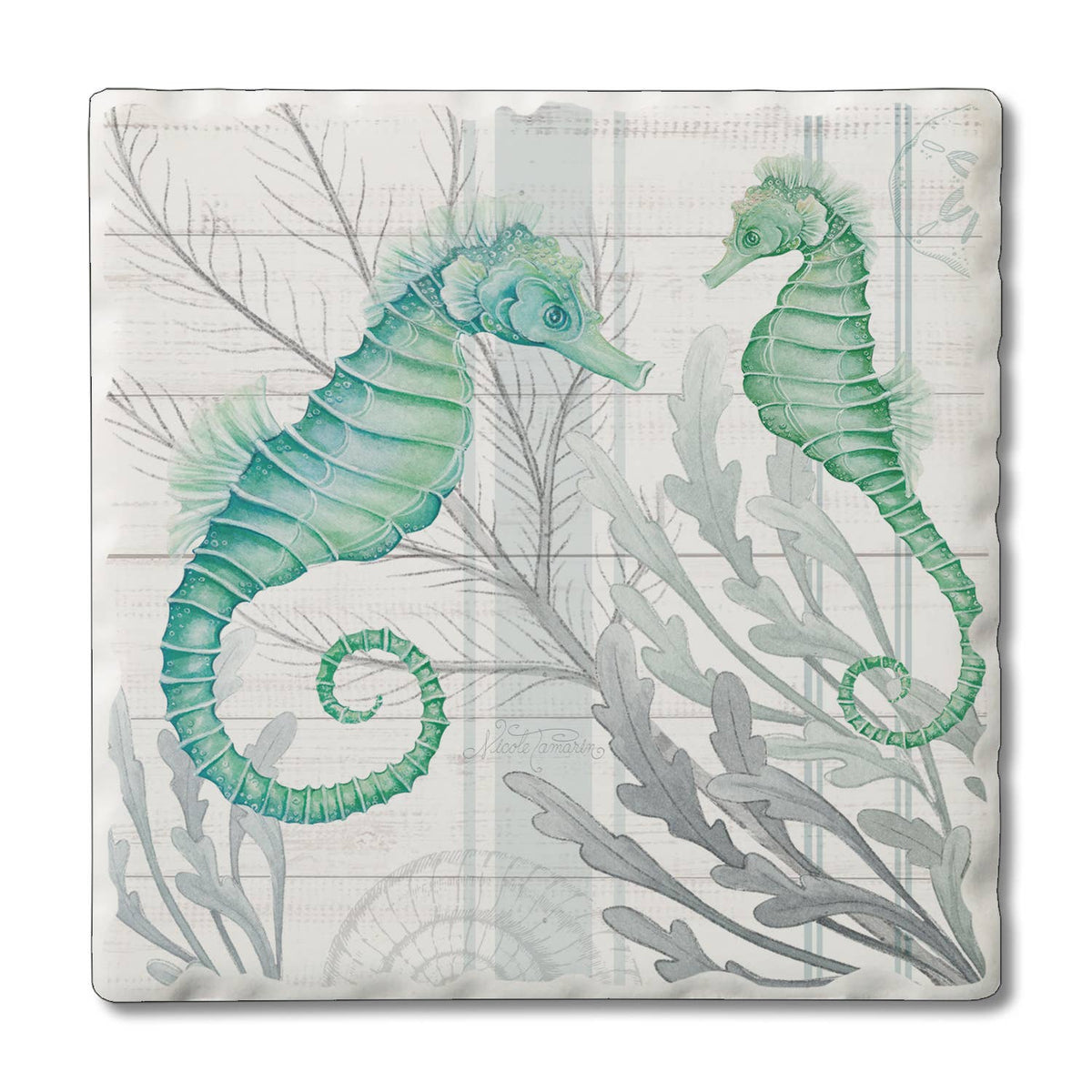 Seahorse absorbent stone coaster with coastal artwork and tumbled tile edges, 4 x 4 inches, Ardor Boutique.