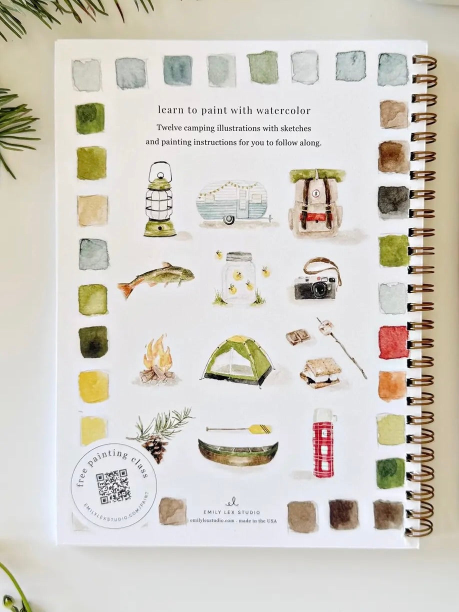 Camping Watercolor Workbook back cover with twelve camping-themed watercolor illustrations and color swatches, spiral bound by Emily Lex