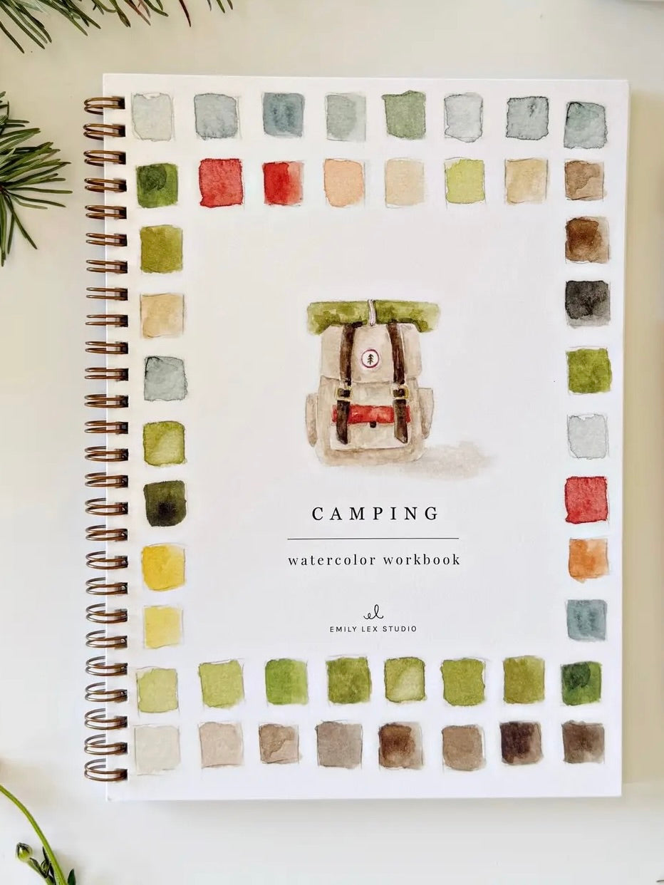 Camping Watercolor Workbook front cover with watercolor backpack and color palette border, spiral bound by Emily Lex