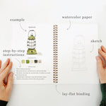 Camping Watercolor Workbook open to lantern painting page with labeled example, step-by-step instructions, and sketch by Emily Lex