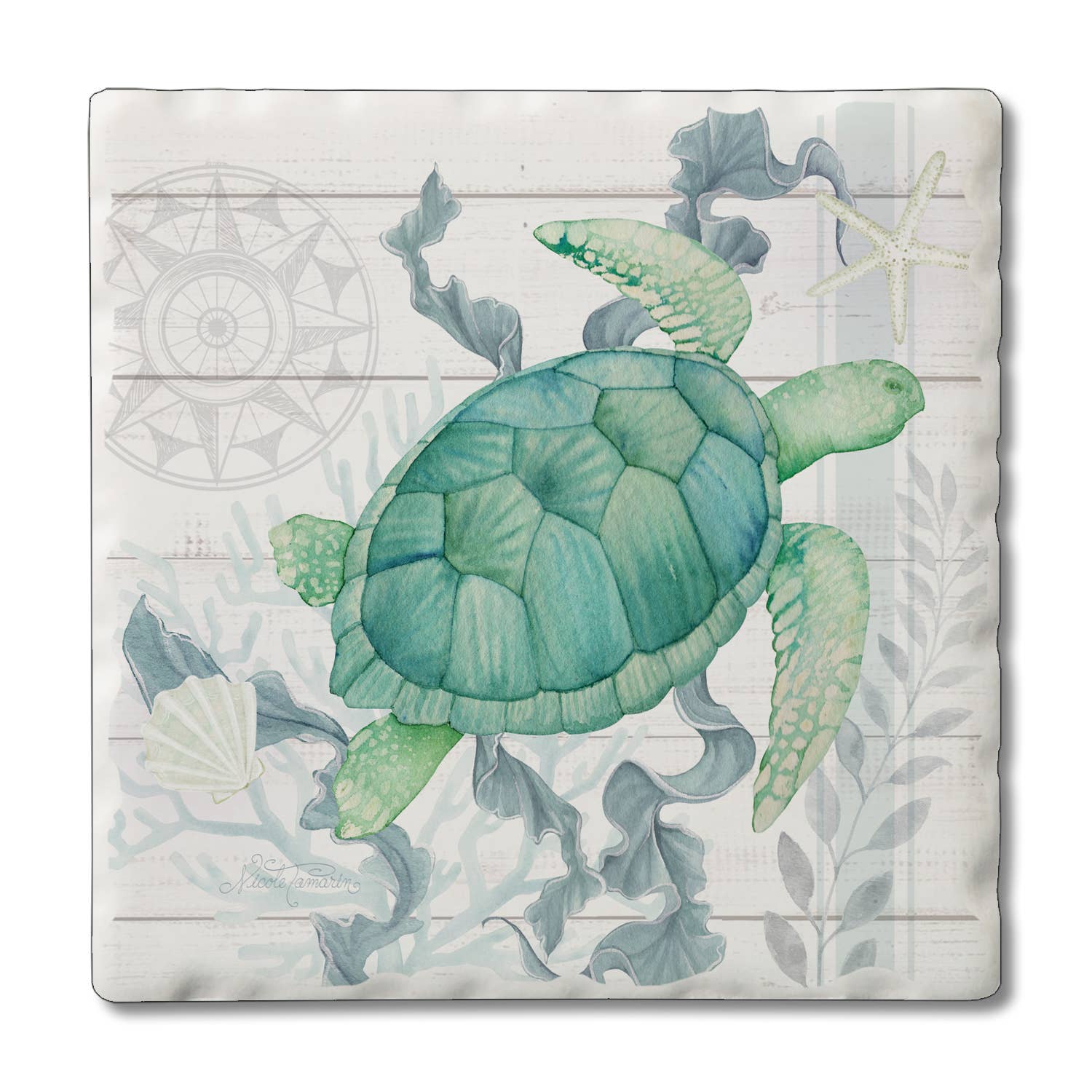 Decorative tile with a green turtle design on a white background