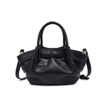 Back view of the Selena Crossbody in black vegan leather featuring a smooth soft-structured silhouette, rolled top handles, and adjustable shoulder strap.