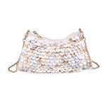 Close-up of the Opalite Evening Bag featuring iridescent shell disc embellishments, a gold-tone zipper, and a removable chain shoulder strap.
