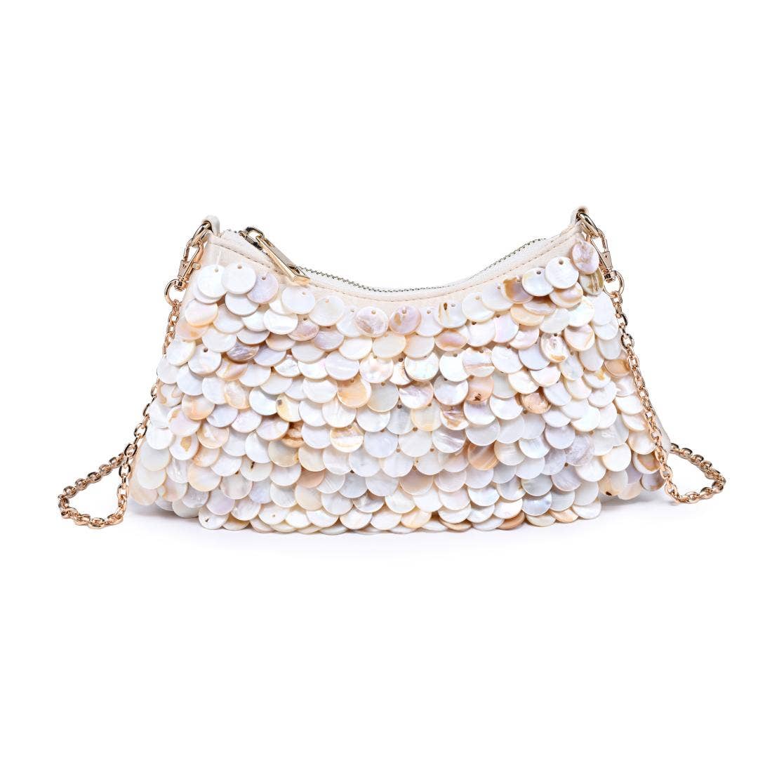 Close-up of the Opalite Evening Bag featuring iridescent shell disc embellishments, a gold-tone zipper, and a removable chain shoulder strap.
