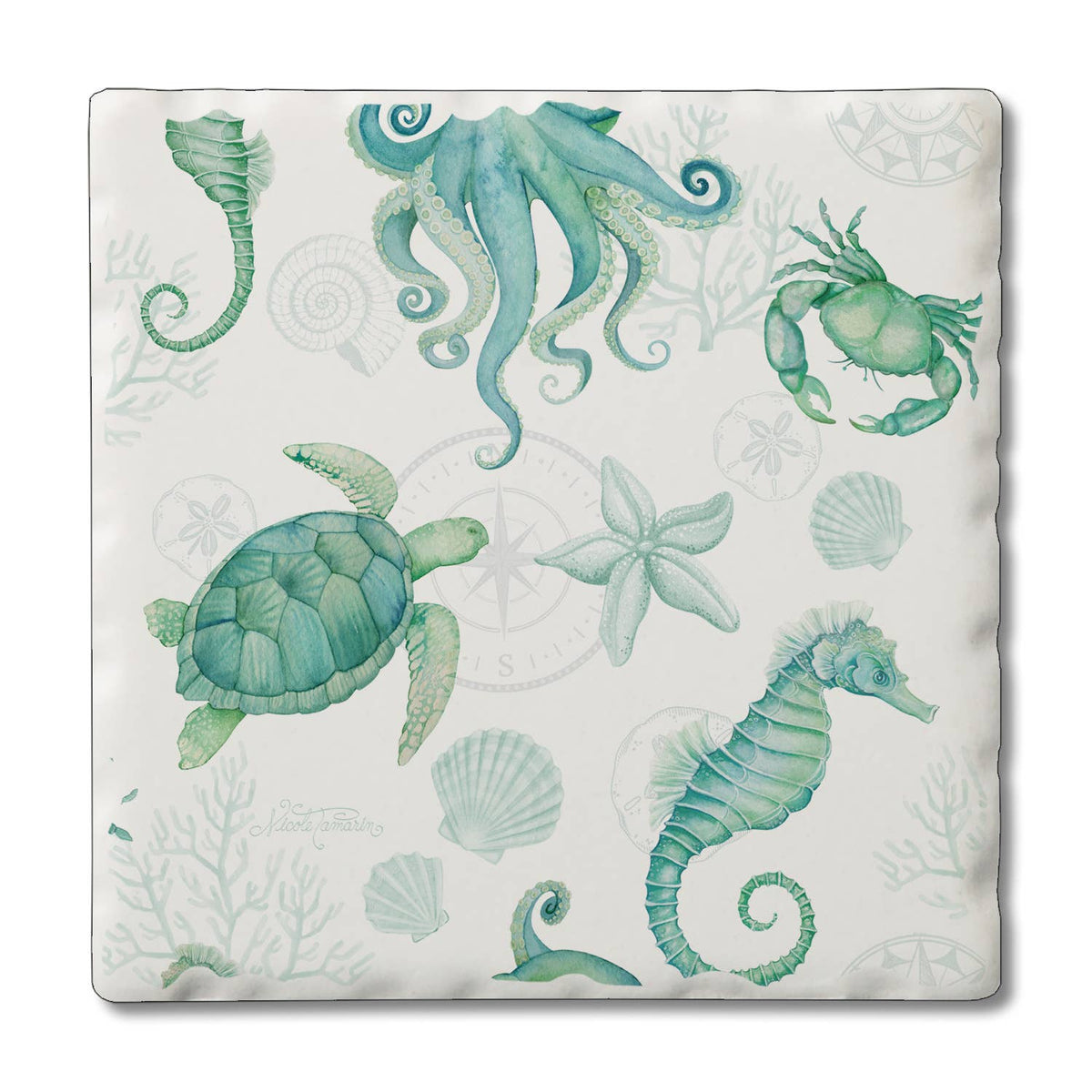 Pattern of sea creatures including turtles, octopuses, and seahorses on a white background.