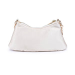 Back view of the Opalite Evening Bag featuring a smooth ivory fabric back, gold-tone zip closure, and removable chain strap attachments.