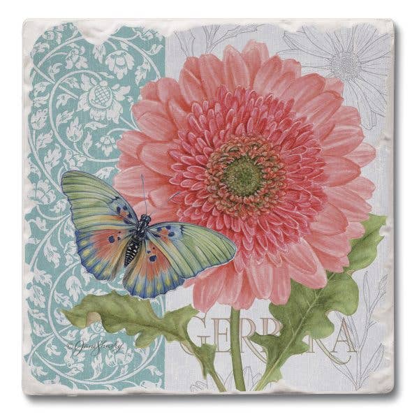 Decorative tile coaster with pink flower and butterfly design on a white background