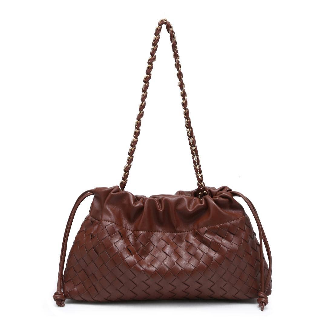 Brown woven handbag with braided handle on a white background