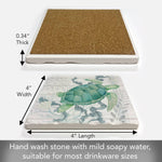 Measurement chart of a stone coaster with a turtle design, showing dimensions and care instructions.