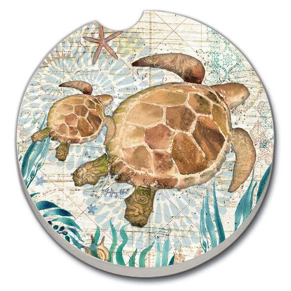 Round coaster with a turtle design on a nautical-themed background