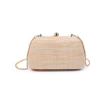 Beige woven handbag with a gold chain on a white background