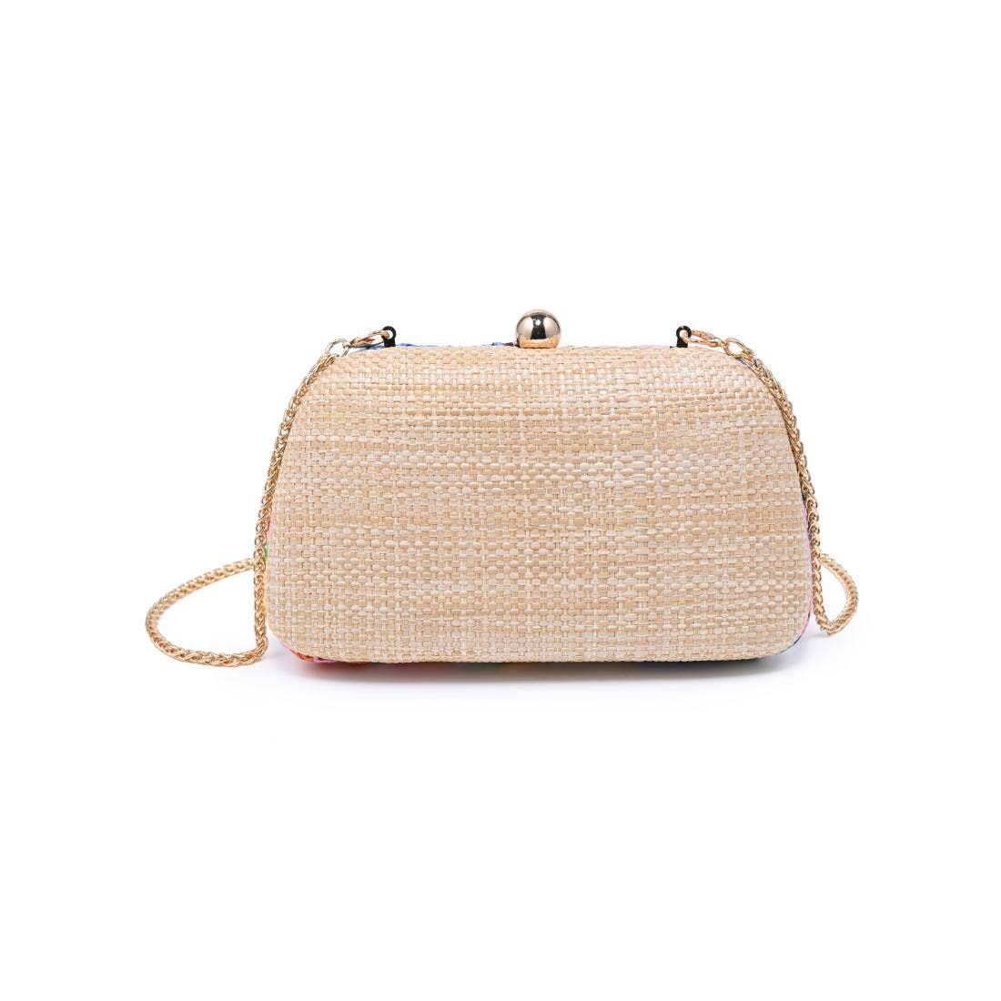 Beige woven handbag with a gold chain on a white background
