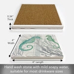 Measurement chart of a stone coaster with cork back and seahorse design.
