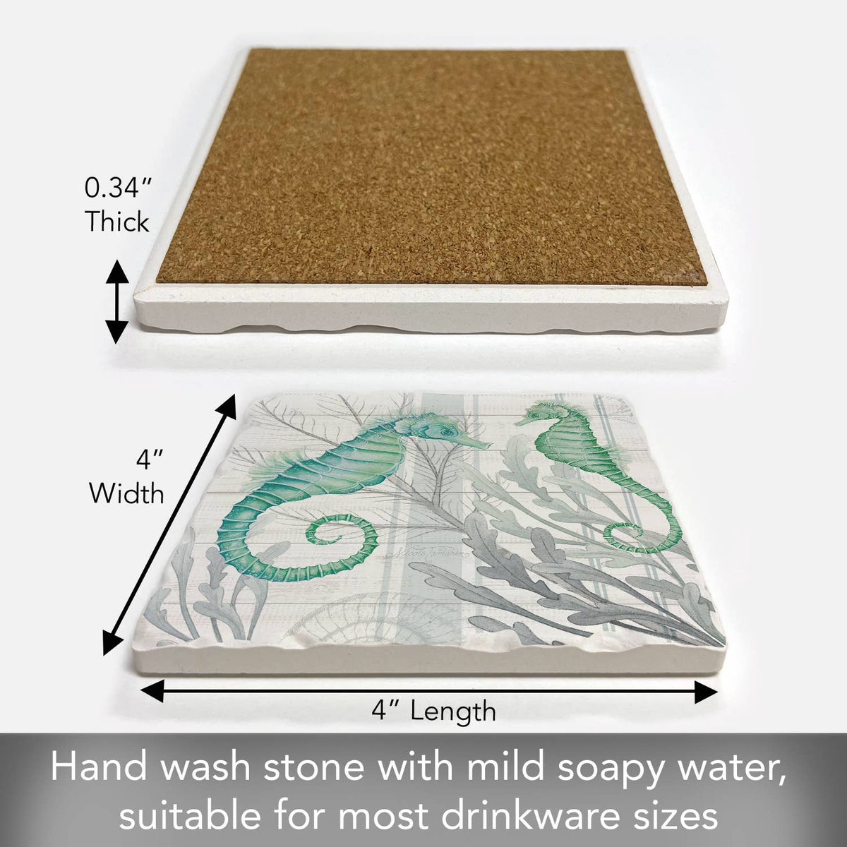 Measurement chart of a stone coaster with cork back and seahorse design.
