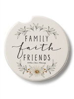 Family Faith Friends car coaster with floral accent design, absorbent stone cup holder insert with easy removal notch from Ardor Boutique