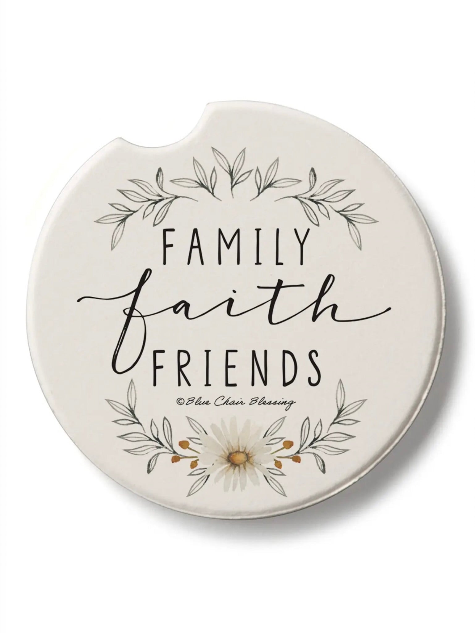 Family Faith Friends car coaster with floral accent design, absorbent stone cup holder insert with easy removal notch from Ardor Boutique