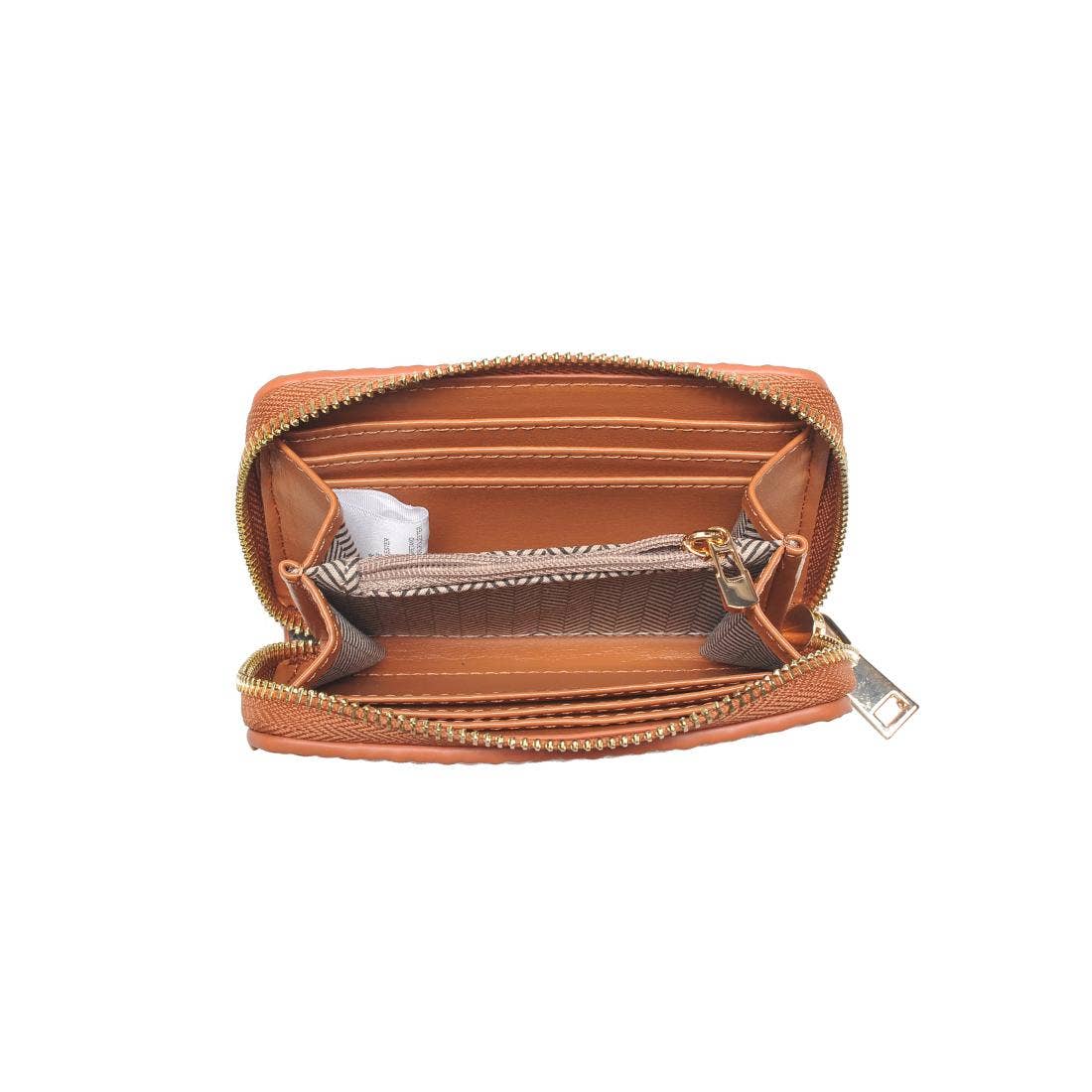 An open tan leather zip-around wallet with multiple card slots, a central zip pocket, and a silver zipper pull, shown on a plain white background.