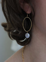 "Model wearing Nina Hall gold oval earring with soft grey coin pearl from Ardor Boutique, handmade in the USA and nickel-free