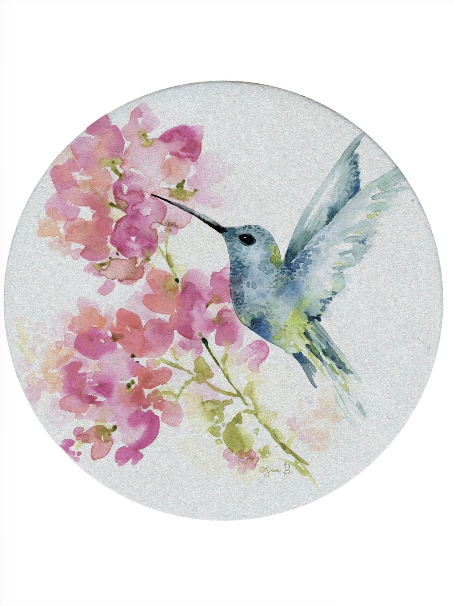 Hummingbird sandstone coaster with watercolor bird and floral artwork, absorbent natural stone from Ardor Boutique