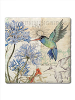 Hummingbird square tile coaster with floral artwork, absorbent stone with cork backing and rustic tumbled tile edge from Ardor Boutique