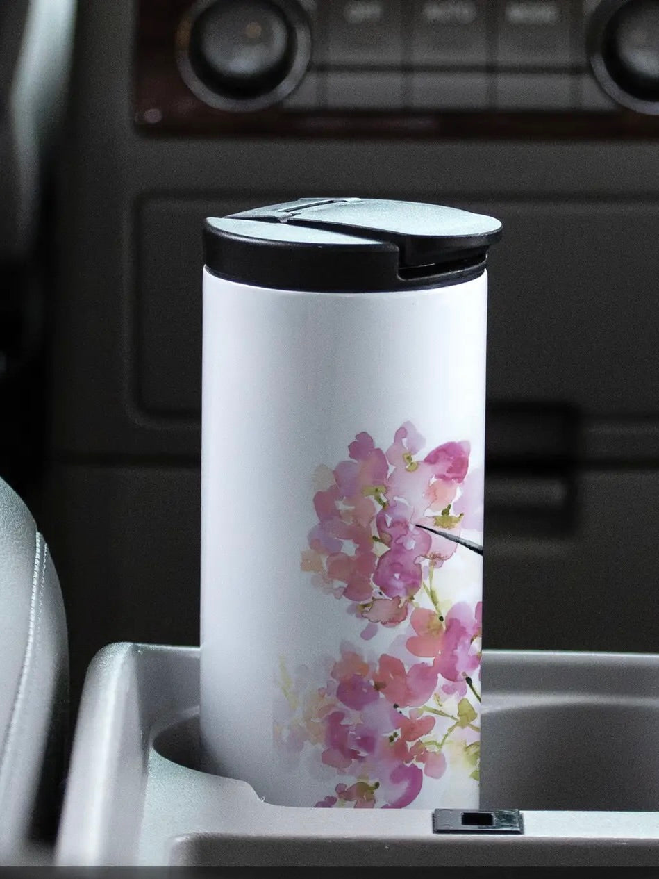 17 oz stainless steel hummingbird tumbler with floral design in car cupholder from Ardor Boutique
