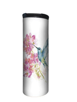 Stainless steel tumbler with hummingbird and pink flower design, white background from Ardor Boutique