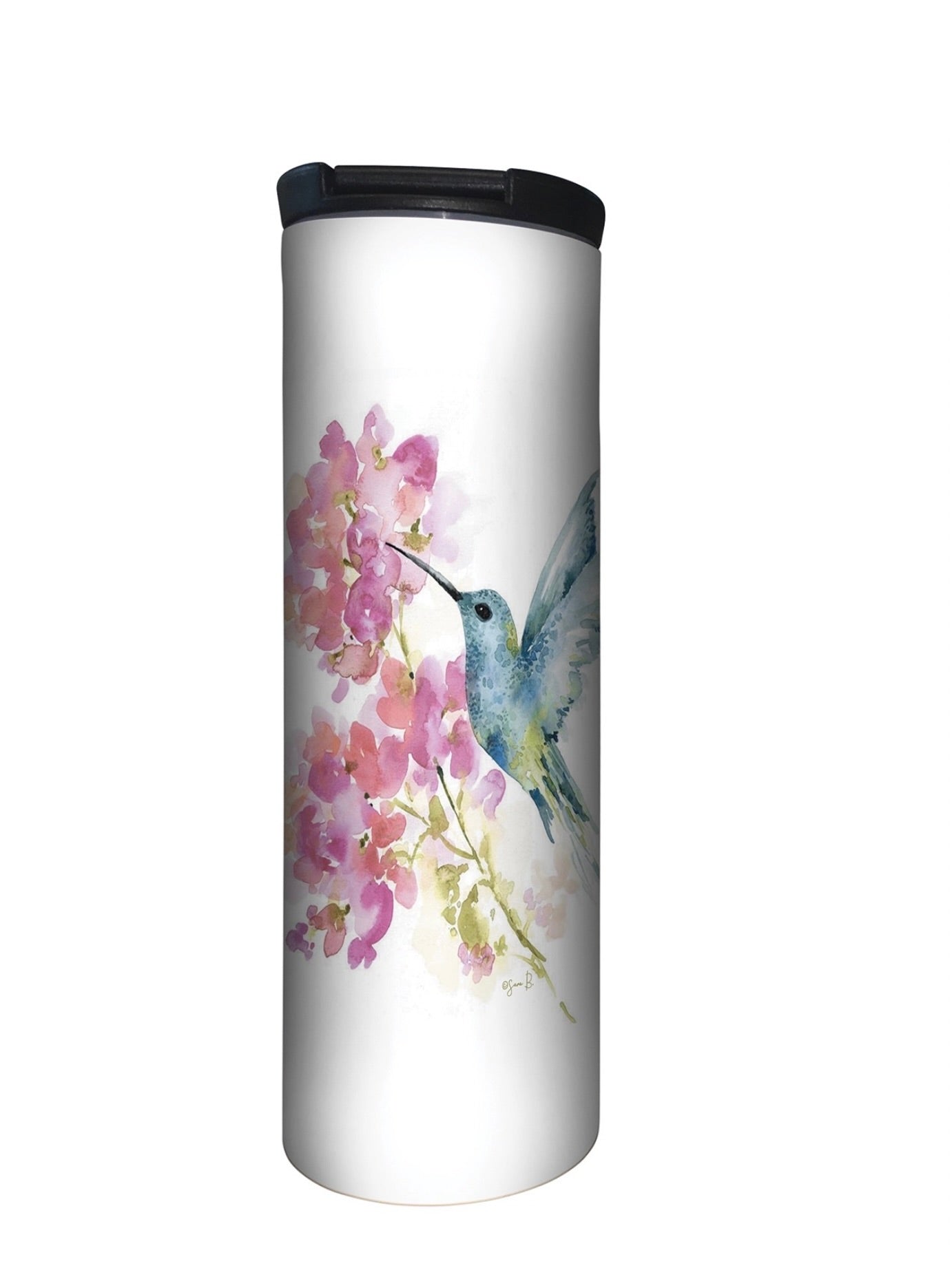 Stainless steel tumbler with hummingbird and pink flower design, white background from Ardor Boutique