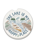 The Lake is My Happy Place car coaster with canoe, dock, and nature artwork, absorbent stone cup holder insert with easy removal notch from Ardor Boutique