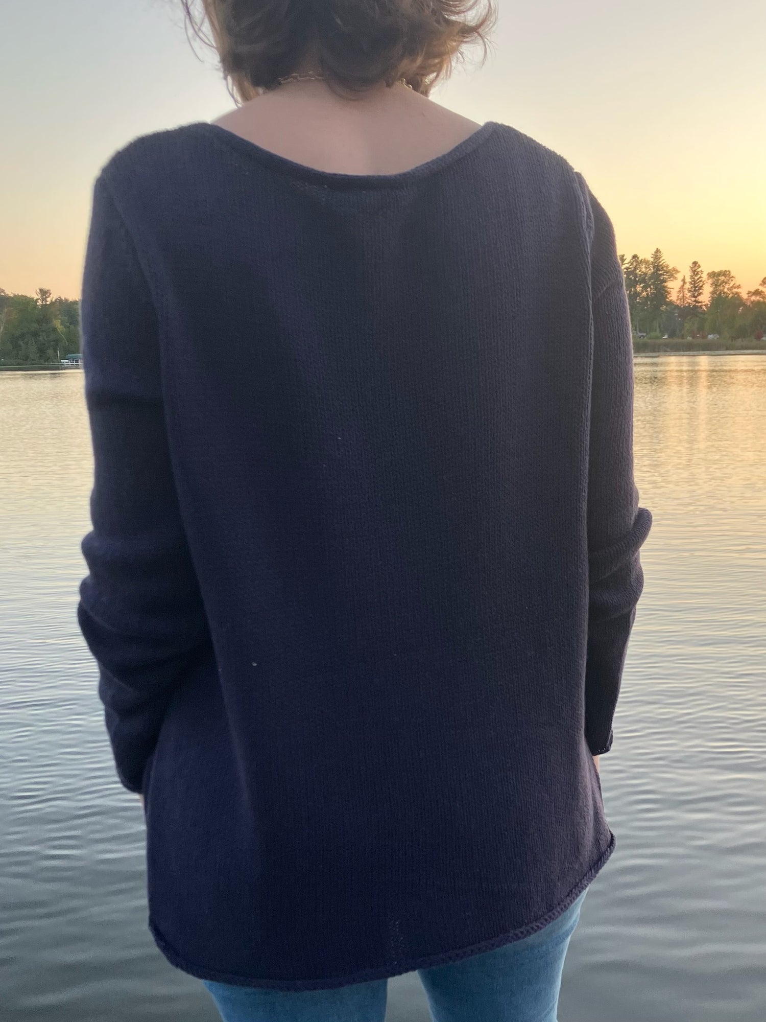 Cotton acrylic navy Lake Life sweater long sleeves, back view by the lake from Ardor Boutique