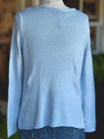 Cotton acrylic sky blue Lake Life sweater long sleeves, back view on mannequin from Ardor Boutique