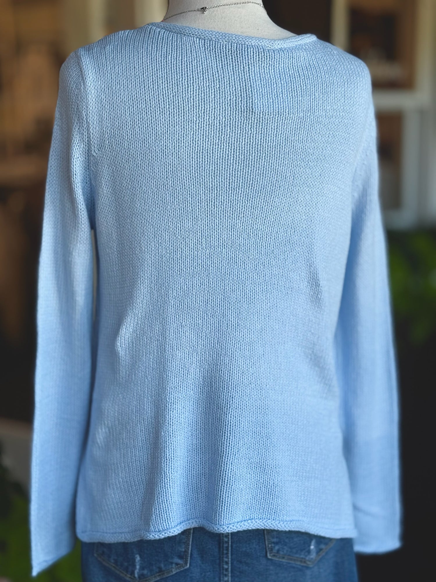 Cotton acrylic sky blue Lake Life sweater long sleeves, back view on mannequin from Ardor Boutique