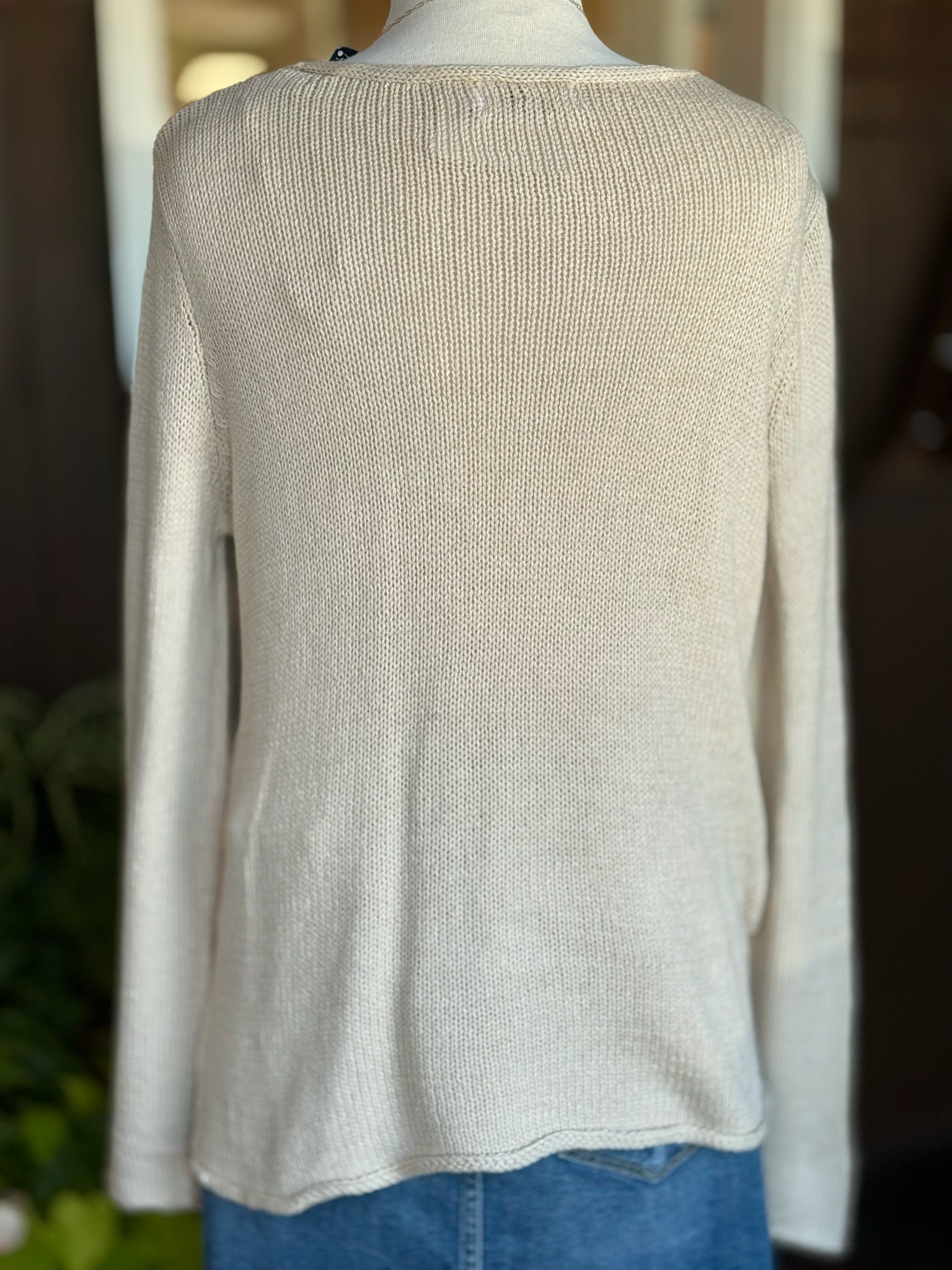 Cotton acrylic tan Lake Life sweater long sleeves, back view on mannequin from Ardor Boutique